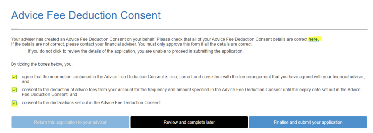 Image of Advice Fee Deduction Consent attestation screen